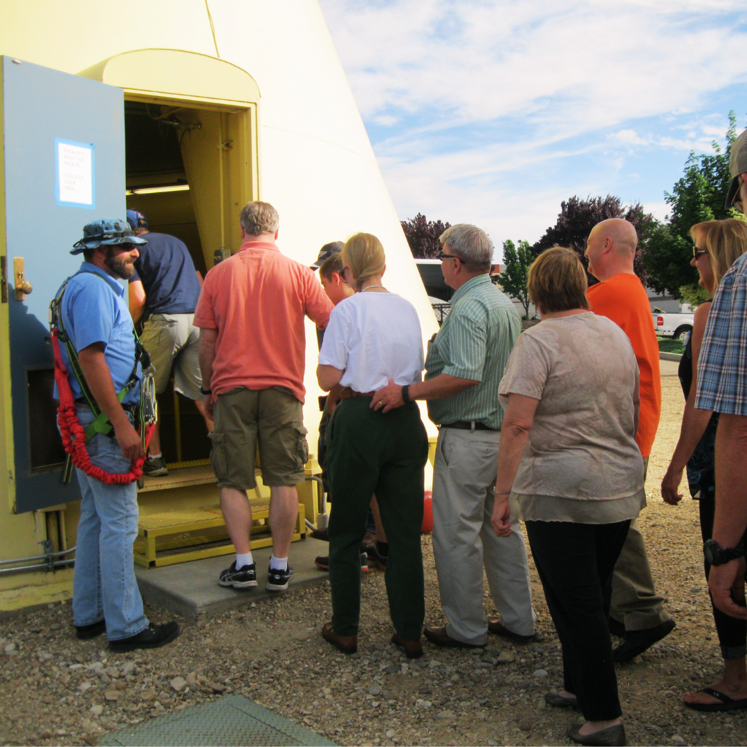 People stepping into the Meridian Water Tower on the Go with the Flow Facilities Tour
