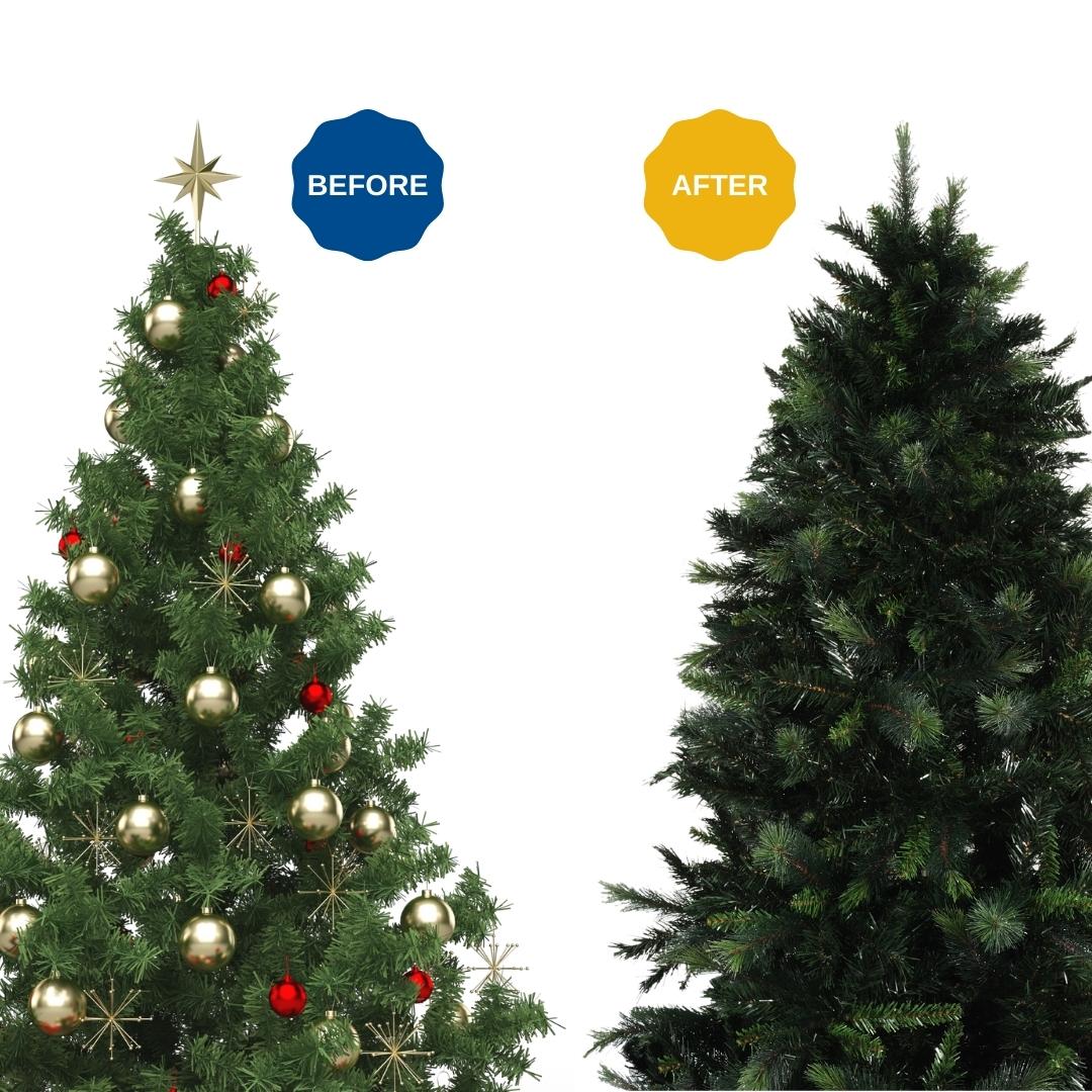 Before tree with decorations and after tree with no decorations