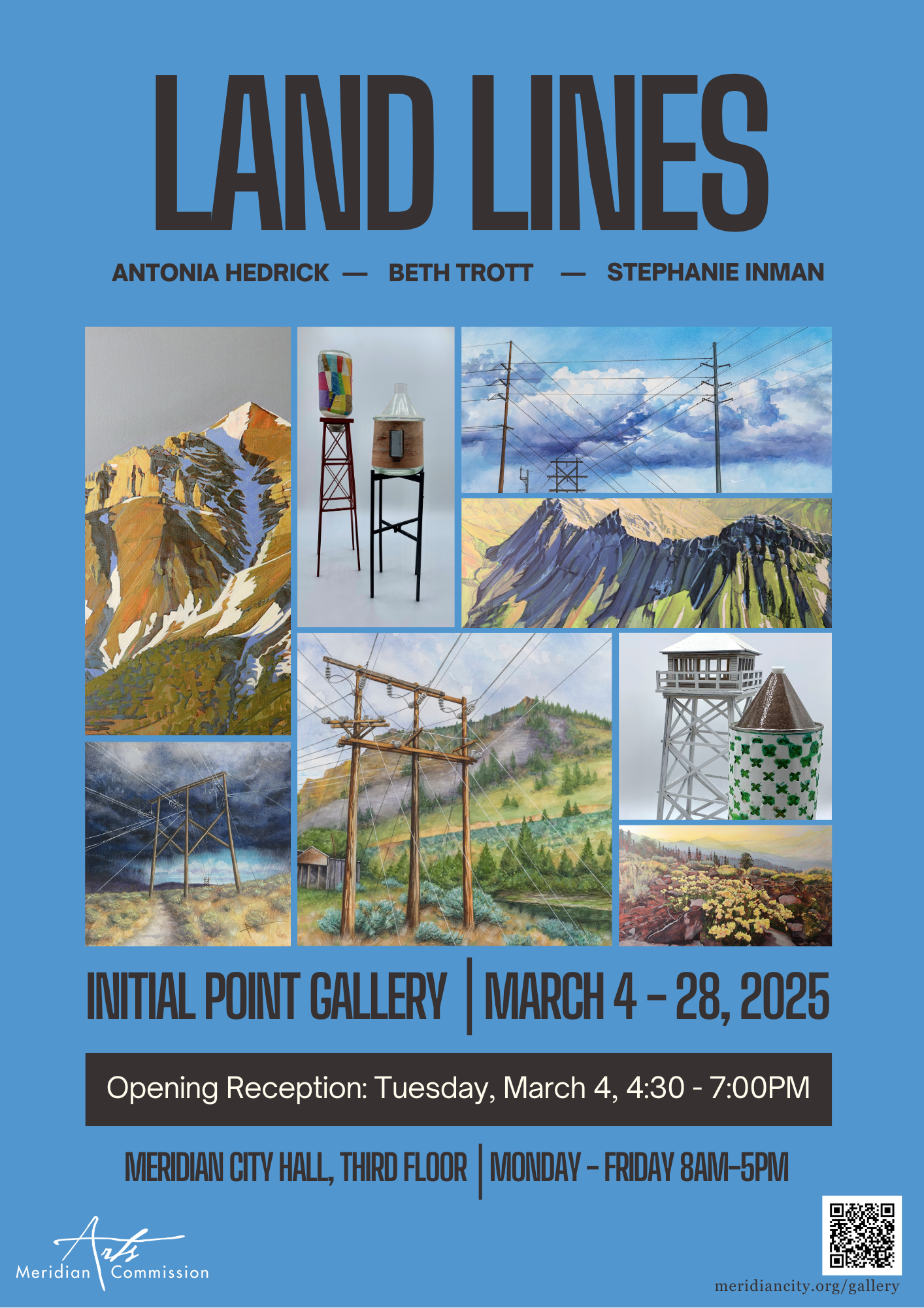 Land Lines poster including examples of artists work and invitation to attend the Initial Point Gallery event on March 4-28, 2025. Reception March 4, from 4:30-7:00 p.m.