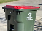 Green cart with red lid, which indicates it is a recycling cart